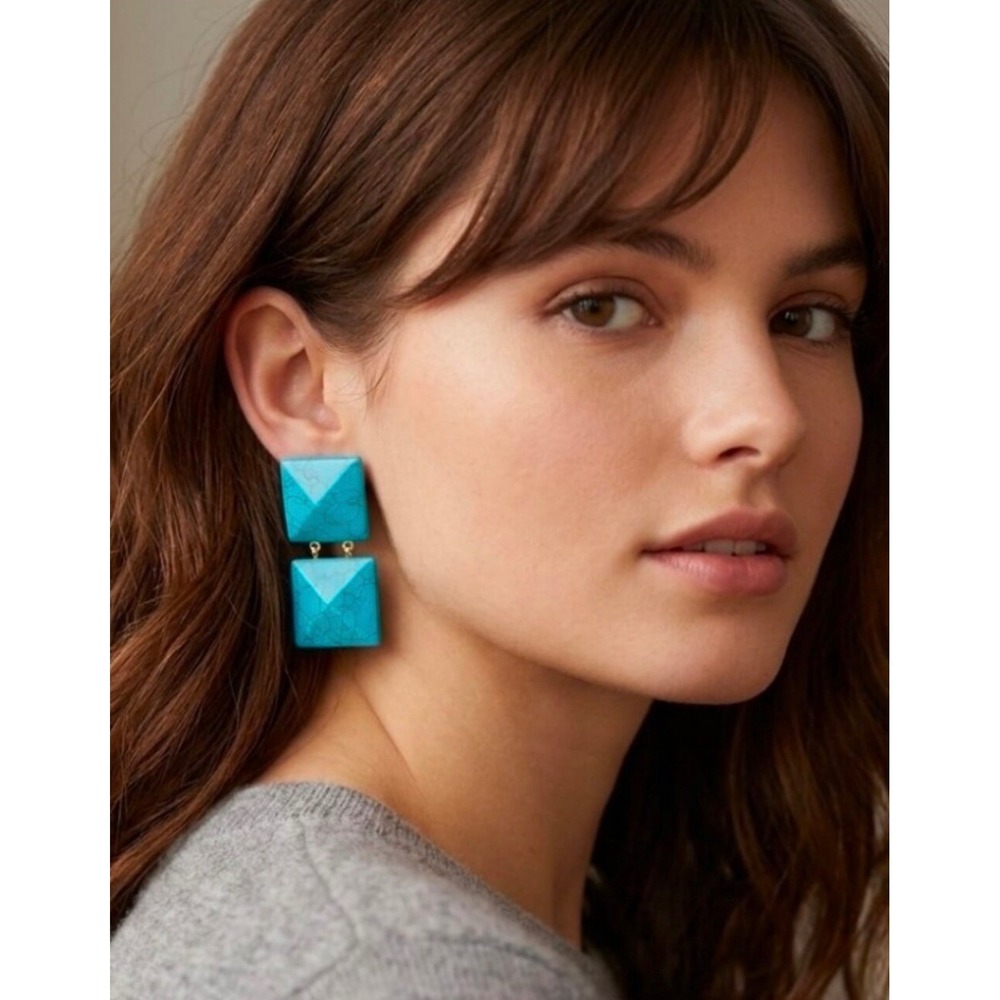 Tuckernuck Finnegan Turquoise Blue Faux Stone Geometric Square Drop Earrings NEW